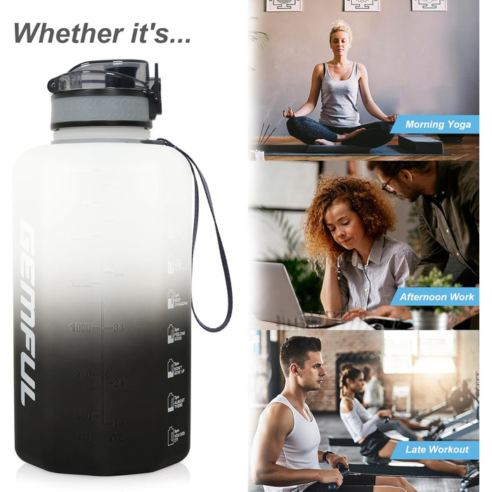 Спортивна пляшка для води GEMFUL 2.2L з ручкою та позначками часу - ідеальна для фітнесу та повсякденного використання (Чорний/Білий)