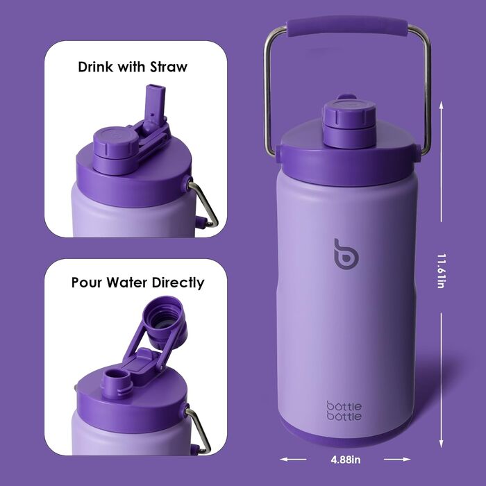 Термобутилка BOTTLE BOTTLE 1.8 л з трубочкою, пігулочницею та ручкою, сталева ізольована фляга для води, спорту та подорожей (фіолетова)