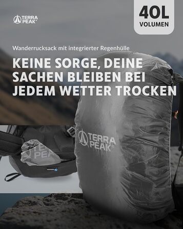 Рюкзак Terra Peak 40 л з вентильованою спинкою, тримачем для питної системи та дощовиком, туристичний рюкзак для походів і прогулянок, чорний