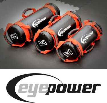 Eyepower професійний силовий мішок 20 кг + 4 водонепроникні кеглі з залізним піском, 6 ручок, фітнес сендбег для дому, тренажер для преса та спини, чорний