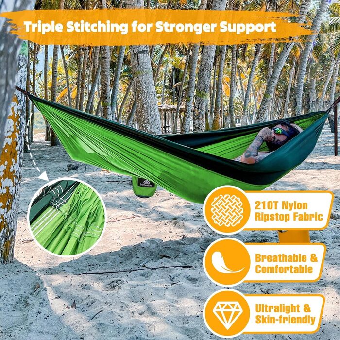 Гамак для кемпінгу NATUREFUN | Легкий, 300 кг, 275x140 см, дихаючий, швидковисихаючий, нейлон, 2 карабіни, 2 петлі, для дому та саду