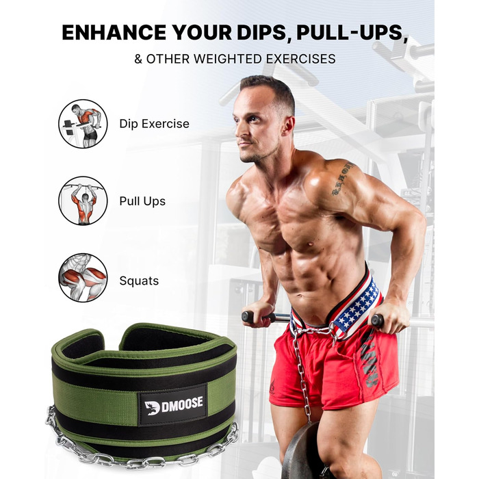 Пояс для важкої атлетики DMoose Dip з 36' сталевою ланцюгом - для підтягувань, присідань, пауерліфтингу. Зручна неопренова підтримка. Для чоловіків та жінок.