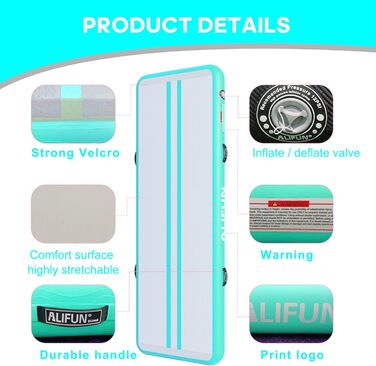 ALIFUN Килимок для гімнастики та акробатики надувний, 2м/3м/4м/6м, 10/20см, з насосом, для дому, фітнесу, тренувань, чирлідингу, басейну (зелений, 300x100x10 см)