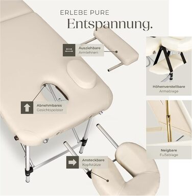 Масажний стіл Tectake 3 зони, складаний, з регулюванням висоти, з аксесуарами (підголовник, підлокітники, сумка) - бежевий