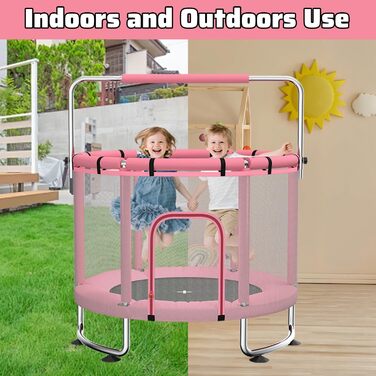 Дитячий батут з сіткою безпеки, регульованою перекладиною та гойдалкою, для хлопчиків та дівчаток 3-6 років (Рожевий)
