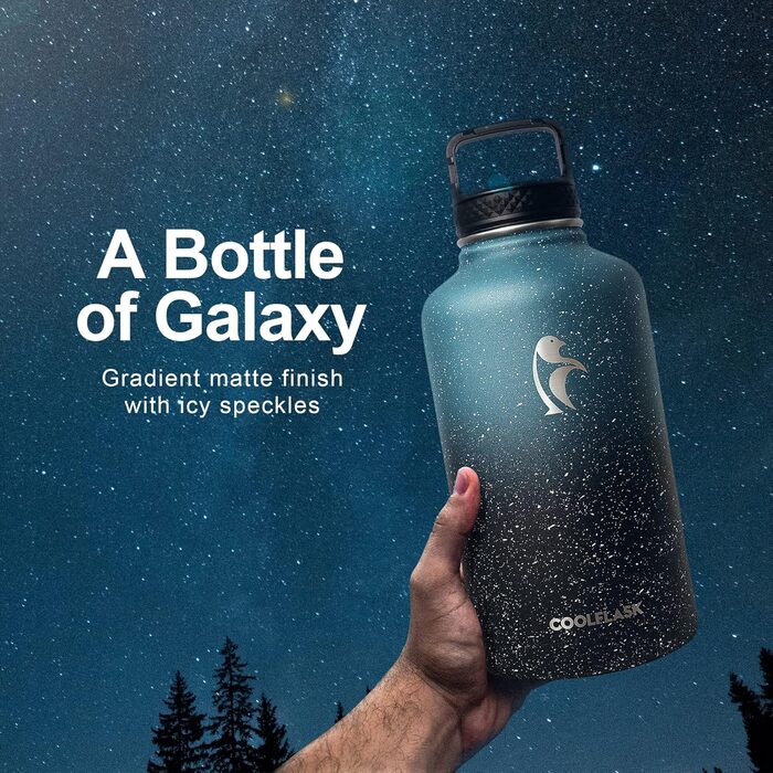 Термос-пляшка Coolflask 2 л з соломинкою та 3 кришками, велика ізольована сталева пляшка для води, спорт і подорожі, Starry Indigo Black