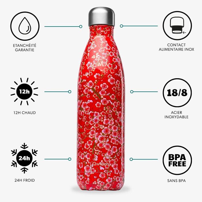 Термос Qwetch Flowers Червоний 750 мл – 24 год холод, 12 год тепло, водонепроникний, BPA-free, багаторазовий