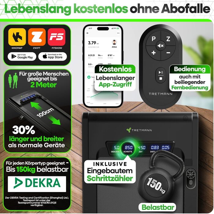 Бігова доріжка Walking Pad Tretmann з нахилом, складана – тиха, до 150 кг, з додатком, EMS-фільтром, для дому, чорна