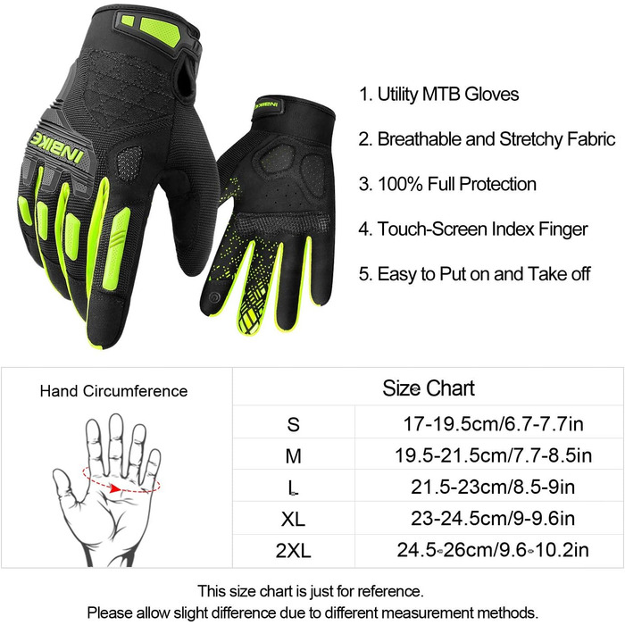 Велосипедні рукавички INBIKE MTB з повним пальцем, зелені, XL - для катання на гірському велосипеді, шосе та мотокросу. Зручні, дихаючі, з захистом пальців TPR та EVA.