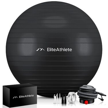 Фітбол для фітнесу, йоги та офісу EliteAthlete 75 см, чорний (з насосом)
