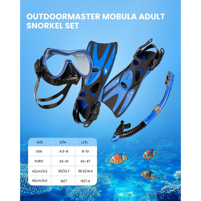 Комплект для снорклінгу OutdoorMaster Mobula для дорослих: маска, ласти, трубка з панорамним оглядом, антифог, Dry Top, для плавання та дайвінгу, сірий/чорний, S/M