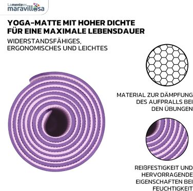 Килимок для гімнастики та йоги LA MENTE ES MARAVILLOSA з TPE, 183x61 см. Зручний для фітнесу, пілатесу, з сумкою та інструкцією. Захищає суглоби, для занять в приміщенні та на вулиці. Мандала, ліловий + рожевий