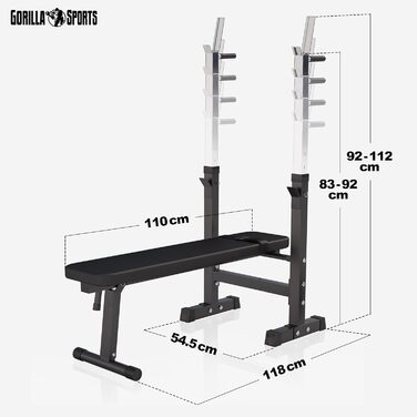 GORILLA SPORTS® Лава для жиму з підставкою, багатофункціональна, регульована висота і кут нахилу, складана, до 200 кг, чорна або біла – тренувальна лава для жиму, фітнесу, пресу