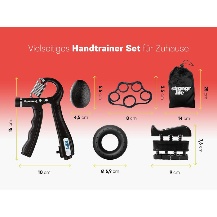 Набір для тренування кисті рук - 5 шт. (гумовий, кільцевий, м'ячик) з сумкою - тренажер хвата - опір 5-60 кг