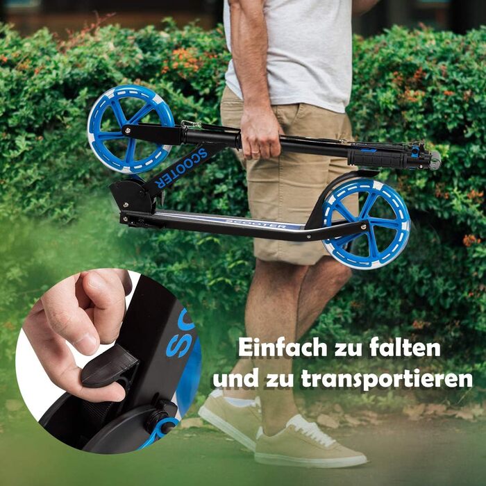 Дитячий трюковий самокат GOPLUS Roller Kinder 10 років, 3-ступенева регулювання висоти, алюмінієвий, складної конструкції, з LED-колесами, гальмом на задньому колесі, ременем та підставкою, до 100 кг (Блакитний)