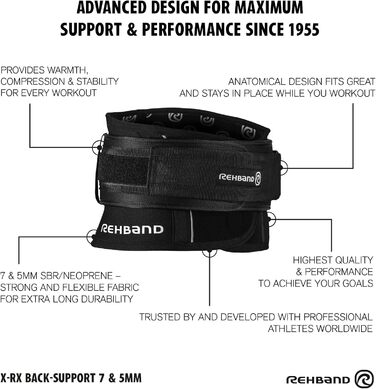 Пояс для спини Rehband X-RX знімний для важкої атлетики, неопреноа бандаж 7мм, підтримка попереку, чорний, XXXL