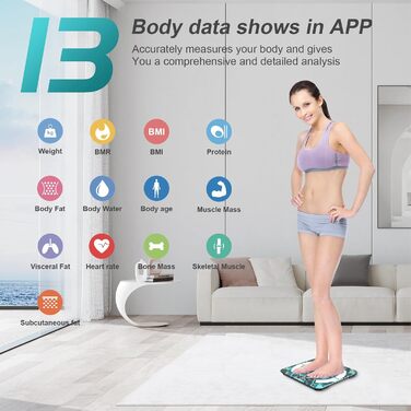 Цифрова ваги для аналізу складу тіла з Bluetooth та додатком: вимірювання жиру, ІМТ, ваги, м'язової маси, води, білка, скелетних м'язів, кісткової маси, BMR