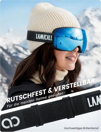 Ламікал - скі-маска для чоловіків та жінок, сноуборд маска з OTG - [Ultra HD та ширший огляд] - TOP антитуманна скі маска для носіїв окулярів, дзеркальна сноуборд маска, скі маска UV400 з захистом від відблисків (Покращена версія - чорний каркас - синій (