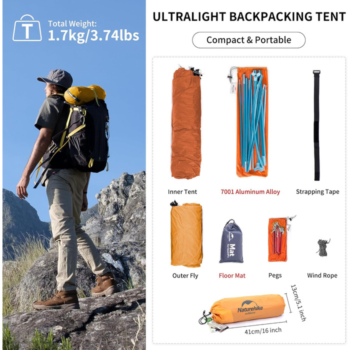 Намет Naturehike Cloud Up 1 - ультралегкий намет для 1 особи, 4 сезони, оранжевий (210T)