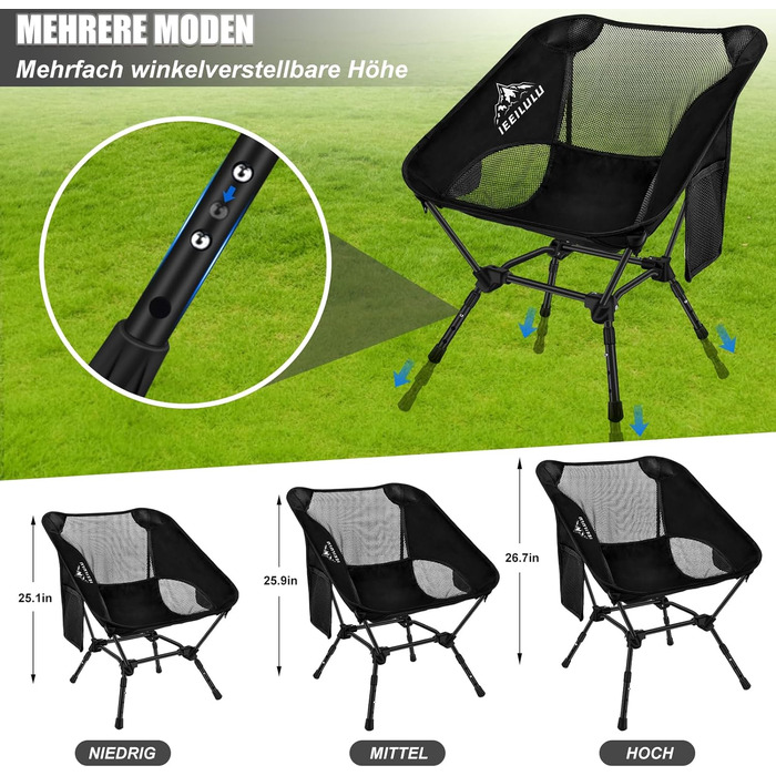 Складний туристичний стілець IEEILULU, 130 кг, чорний. Легкий стілець для кемпінгу, пікніка, риболовлі, відпочинку на природі та подорожей.