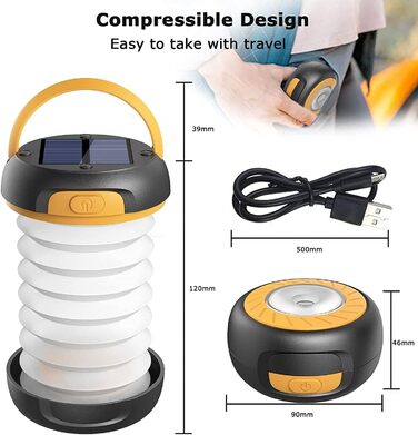 Сонячна кемпінгова лампа LED з акумулятором, 2 способи заряджання (Сонячна/USB), 3 режими світла, включає браслет для виживання з свистком (Жовтий)