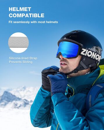 Лижна маска ZIONOR iSki 1X для сноумобіля, антифог, дзеркальна, ергономічна, сумісна з шоломом, чорна оправa, синя лінза Revo VLT 22%