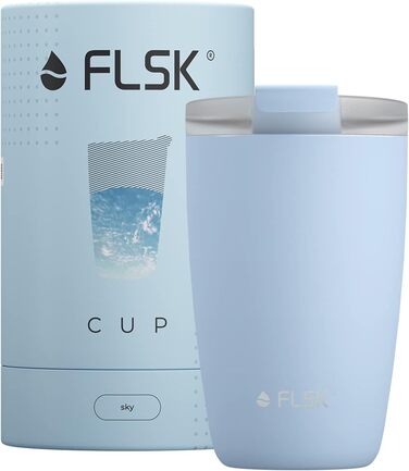 Термокружка FLSK для кави to go, преміум з нержавіючої сталі, 350 мл, 100% герметична, подвійні стінки, зберігає напої гарячими до 3 годин, переможець German Brand Award, колір sky