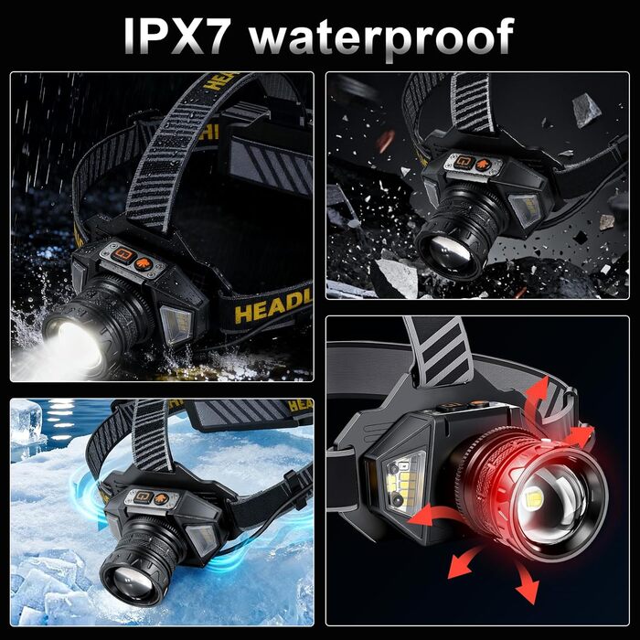 Ліхтар на лоб Spardar 120000 люменів, акумулятор 9000 mAh, регульований, 7 режимів, IPX7, для кемпінгу, полювання та бігу (білий/жовтий)