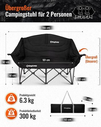 Кемпінгове диван-крісло KingCamp для відпочинку на 2 особи, чорний, до 300 кг