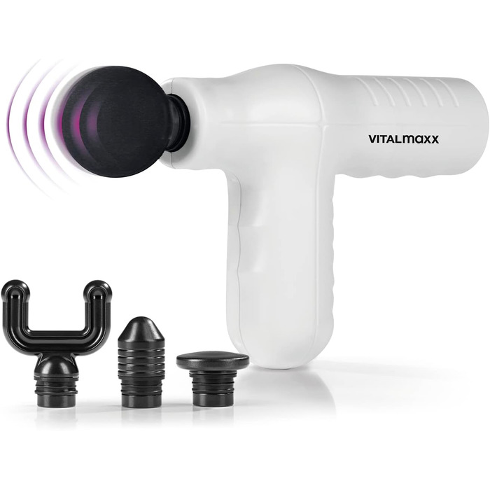 Масажний пістолет VITALmaxx з 4 насадками, акумуляторний, до 90 хв роботи, USB-C зарядка, легкий і компактний для спорту та подорожей, чорний/сріблястий, 5 режимів