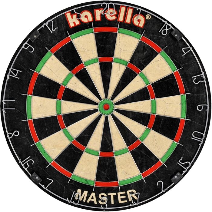 Дартборд Karella Master – професійна турнірна дартс-дошка із сизалю, набір з 2 комплектами дротиків Steeldart Blackstar та лінією кидка, для змагань і домашнього використання
