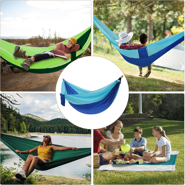 Гамак для кемпінгу на 2 особи, 300 x 200 см, з сумкою, для саду, балкону, відпочинку, блакитний/зелений