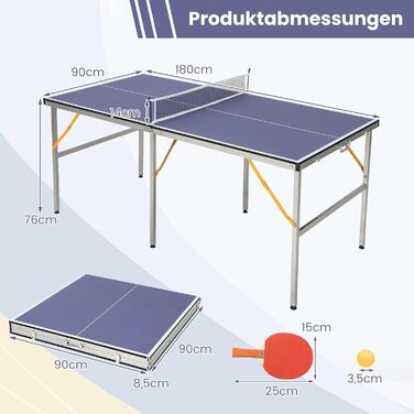 Стіл для пінг-понгу COSTWAY Mini, складний, з сіткою та ракетками, 2 ракетки та 3 м'ячі, для гри в приміщенні та на вулиці, 180 x 90 x 76 см
