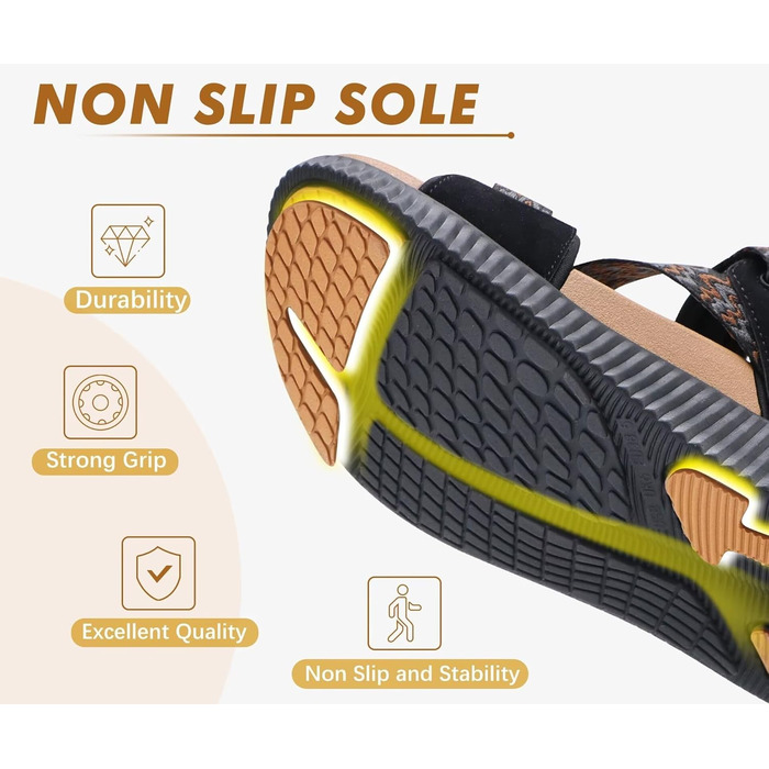 Жіночі трекінгові сандалії KuaiLu: зручні ортопедичні сандалі для туризму та активного відпочинку, літні, з регулюванням на липучках, відкриті, для підтримки стопи при фасціїтісу, чорний/хакі, 42 EU