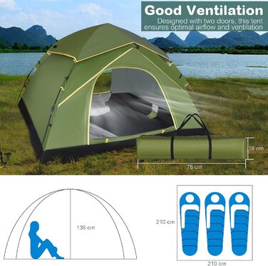 Намет для кемпінгу Jaztral 3-4 особи, автоматичний, куполоподібний, водонепроникний, вітростійкий, 3-4 сезонний, для сім'ї, трекінгу та кемпінгу, колір: зелений