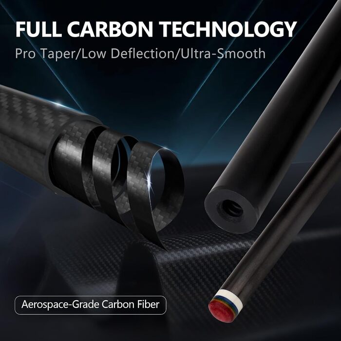 Професійний кий для більярду з карбону, 12.4 мм, 8-шарова вершина, низька відсікання, для дорослих, з професійним конусом, 3/8 x 8, чорний