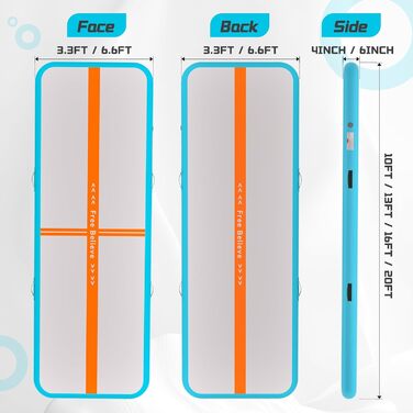 Гімнастичний надувний мат для чередлінгу, йоги, паркуру, пляжу, парку, води. Товщина 10.2/15.2 см. Розмір 3м x 1м x 0.1м. Синій, помаранчевий колір.