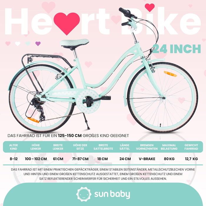 Дівчачий велосипед Sun Baby 20 дюймів, 6 швидкостей Shimano, для дітей 6-10 років, біло-золотий, Heart Bike