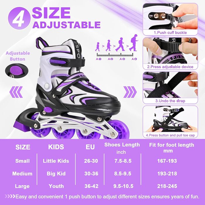 Регульовані дитячі ролики для дівчаток та хлопчиків, чорно-фіолетові. Підходять для гри в приміщенні та на вулиці.