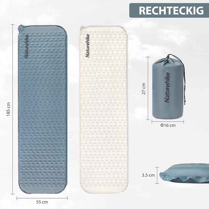 Naturehike Килимок для кемпінгу надувний, самонадувний, 3 см, сірий (Quadrat-blau)