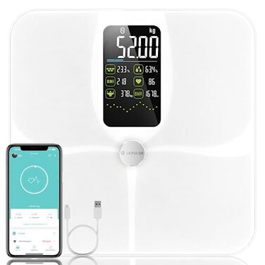 Розумна вага Lepulse F4 Pro, біла, з аналізом жиру та м’язової маси, 15 індикаторів, перезаряджається, великий дисплей