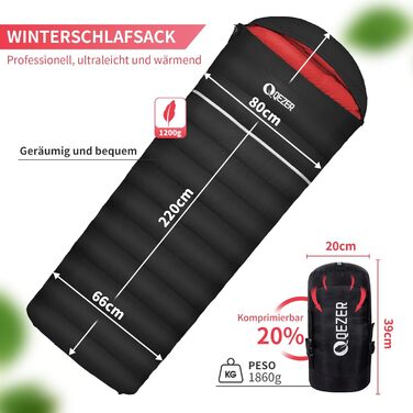Спальний мішок пуховий, 4-сезонний, зимовий -3°C до -20°C. Підходить для кемпінгу, походів та відпочинку на природі для дорослих та дітей. Чорний, температурний режим -3°C до -12°C
