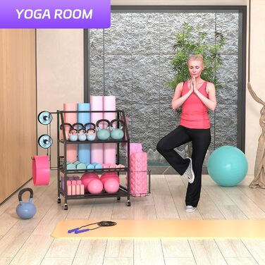 Стійка для гантелей та гир, домашній спортзал, чорна. З гачками та коліщатками. Підходить для гантелей, гир, йога-матів та роликів.