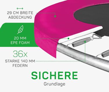 Трамплін Salta Comfort Edition (різні діаметри) – ⌀183/213/251/305/366/396/427cm – сертифікат TÜV – зелений/рожевий – круглий вуличний/садовий трамплін, комплект з пружинами, захисним покриттям та сіткою