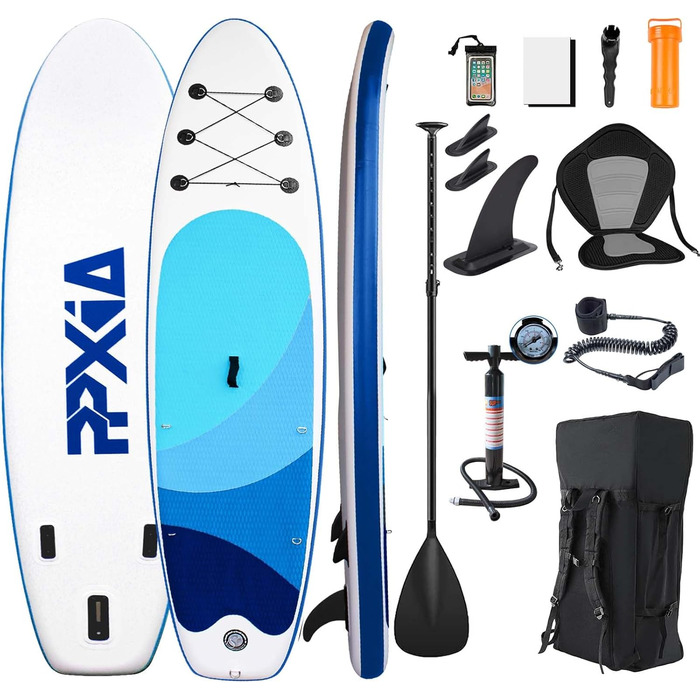 Надувне SUP-борд Stand Up Paddling з сидінням, для дітей та дорослих, вантажопідйомність до 200 кг, аксесуари, блакитний (320 x 82 x 15 см)