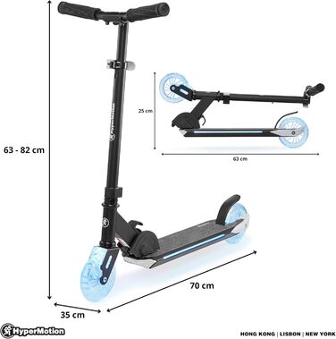 Дитячий самокат HyperMotion Ice Flash для дітей від 5 років, двоколісний, складний, з LED-підсвіткою, чорний/синій, навантаження до 50 кг, гумові колеса 125 мм, регульований кермо, гальмо Flex-Fender
