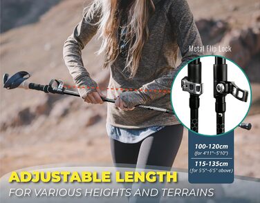 Телескопічна тростина Trekology Trek-Z 2.0, алюмінієва, легка, складана, з корковою ручкою, 100-120 см, для туризму, трекінгу, для людей похилого віку, чорна