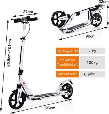 Самокат трюковий GYMAX, регульована висота, складний, 200 мм колеса, подвійне зчеплення, дзвінок, ремінь, до 100 кг, для дітей та дорослих (білий)