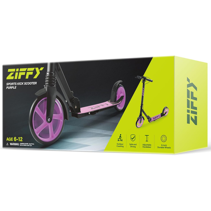 Тротлер ZIFFY для дітей та дорослих, 6-12 років, зелено-фіолетовий, 200 мм колеса, ABEC-9, амортизація, складний алюмінієвий каркас, регульований кермо, ручне гальмо, вантажопідйомність 118 кг