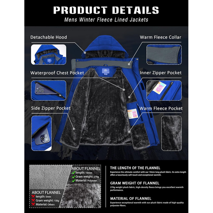 Зимова куртка для чоловіків: тепла, водонепроникна, для катання на сноуборді та активного відпочинку на природі. Зі знімним капюшоном (XXL, Schatzblau)